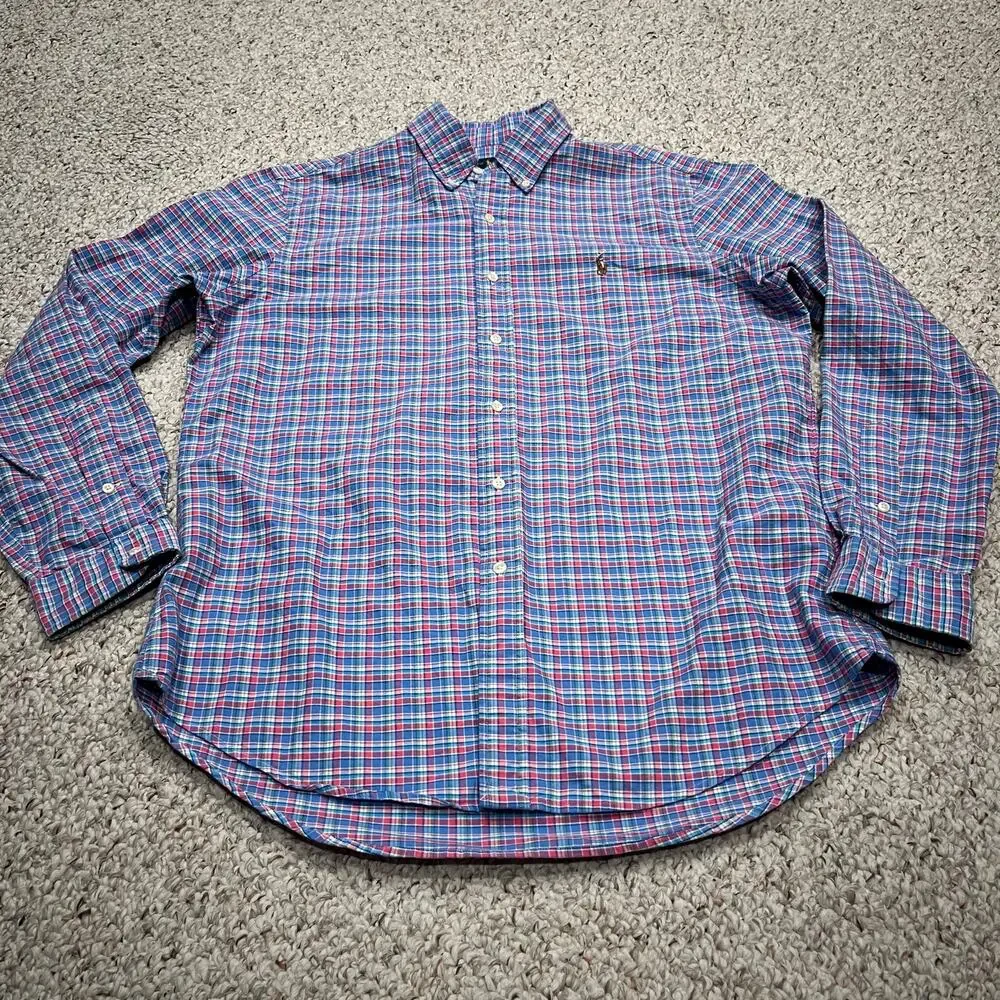 Ralph Lauren Men's Button Down Long Sleeve Shirt Sz L Plaid Flesh Pony Blue Pink